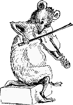 Black and white drawing of ship rat sitting cross-legged on box and playing a fiddle