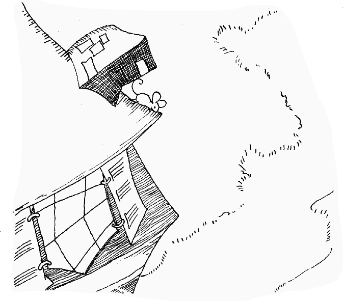 Cartoon line-drawing of rat on roof, looking down at a grass-edged path far below