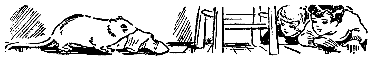 Line drawing of rat pinching a sock, watched by two children