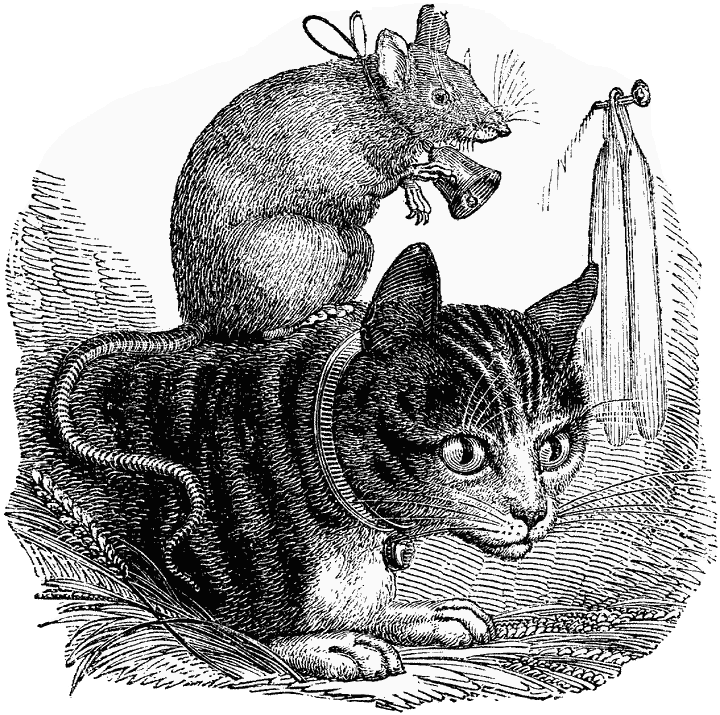 Black & white drawing of head and shoulders of crouching tabby cat, with a large rat sitting up on the cat\'s neck: both are wearing bells