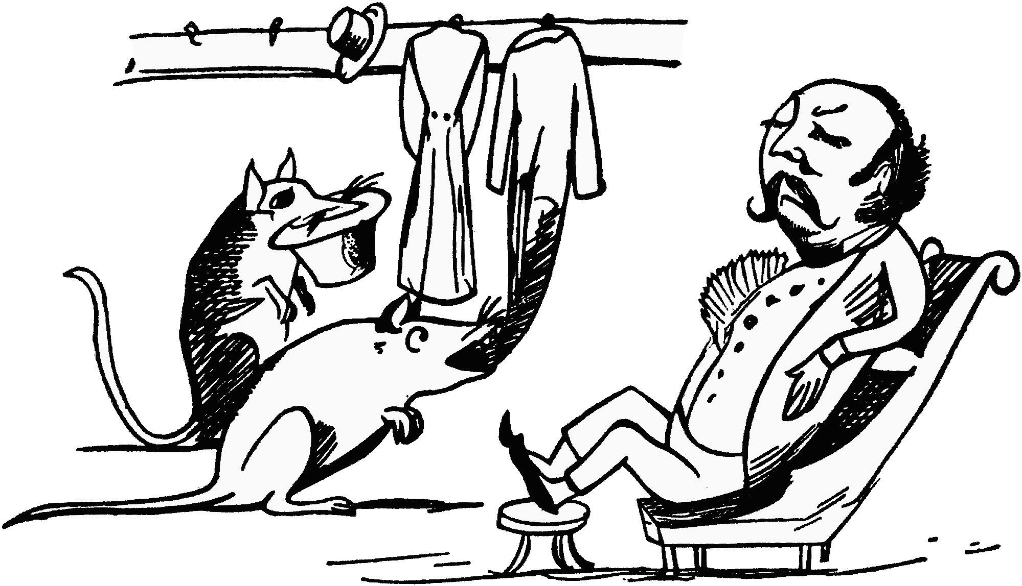Black and white Edward Lear drawing of two huge rats chewing clothes which are hanging from hooks near a moustachioed man who is dozing in a reclining chair
