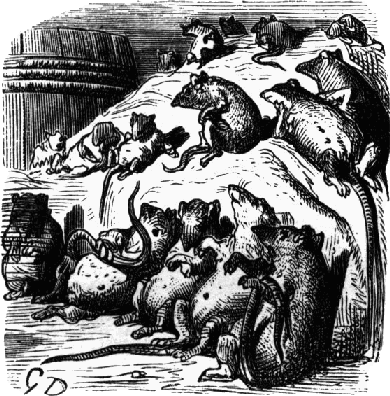 Black and white drawing of about 14 fat Norway rats lounging on their backs around some sacks