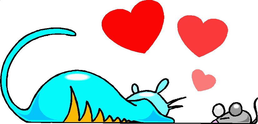Coloured cartoon of cat and rat/mouse looking at each other, surrounded by hearts