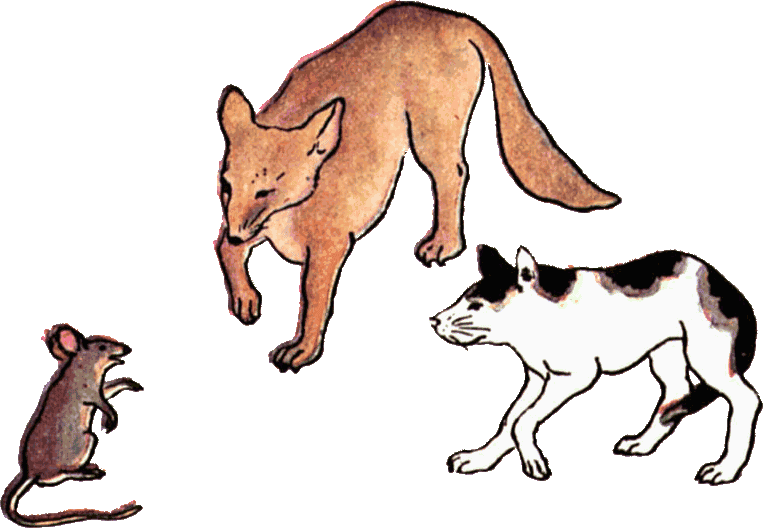 Japanese painting in coloured ink, showing a rat sitting up talking to a fox and a small black & white dog