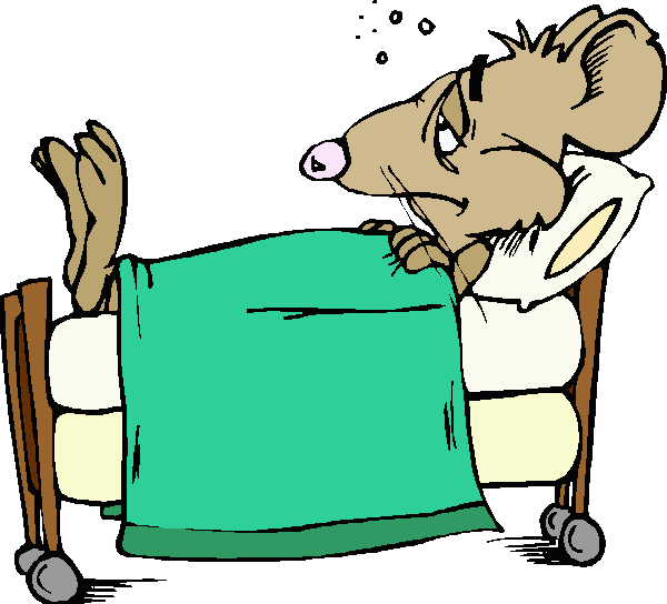 Coloured cartoon of greenish-looking sick rat in bed