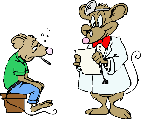 Coloured cartoon of patient and doctor rats, both clothed like humans, the doctor in white coat etc. and the patient sitting on a chair, looking greenish, with a thermometer in his mouth