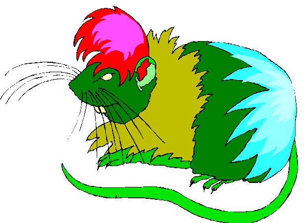 Coloured drawing of multi-coloured fantasy-rat with quiff