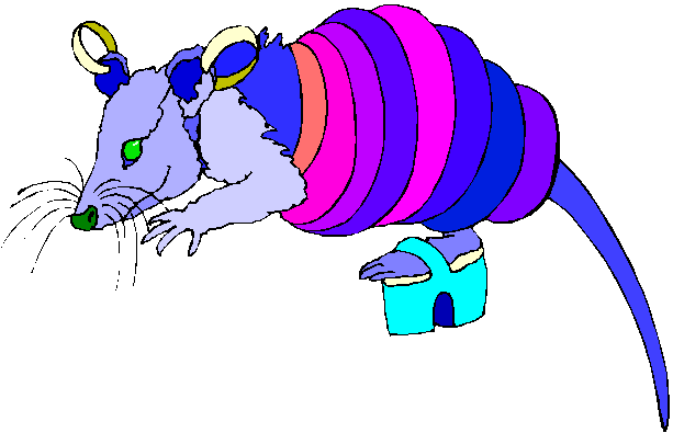 Coloured drawing of multi-coloured fantasy-rat with ringed body, earrings and platform shoes