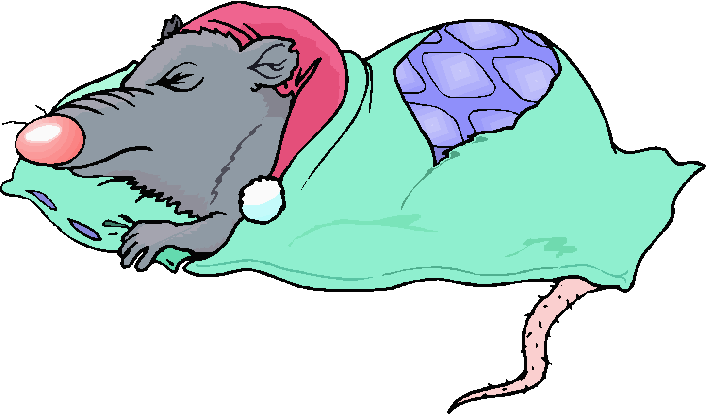 Coloured cartoon of grey rat, wearing a red nightcap and sleeping on his stomach in a green sleeping-bag
