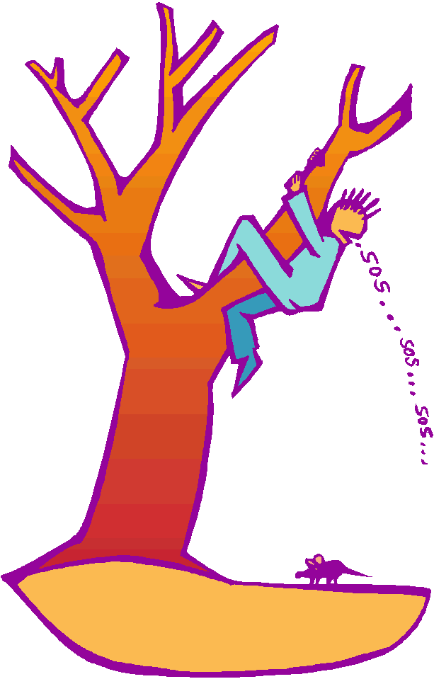Coloured cartoon of man shouting 'SOS, SOS, SOS' and climbing a tree to get away from a small, placid-looking rat