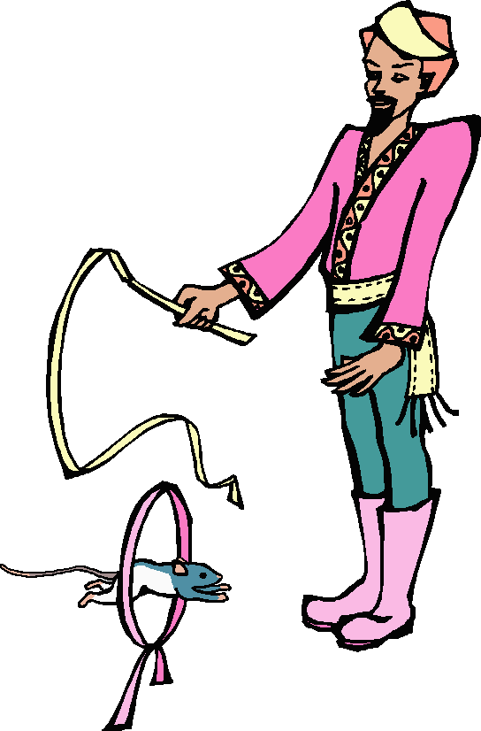 Coloured drawing of rat jumping through hoop, directed by an Eastern ringmaster wearing a turban and holding a ribbon whip