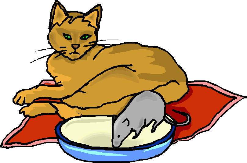 Coloured drawing of grey rat drinking from dish belonging to slightly cross-looking ginger cat
