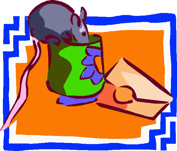 Jazzy coloured drawing of grey rat perched on the rim of a mug, drinking from it