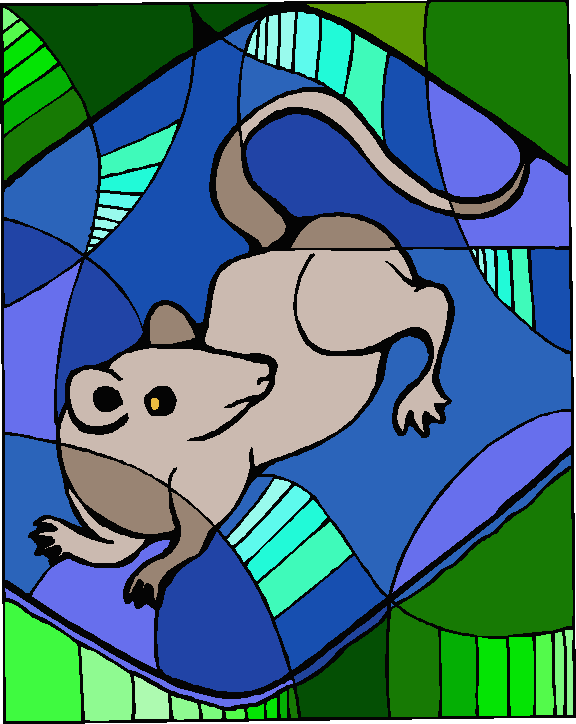 Stylized coloured drawing of rat on blue mat or carpet-sample
