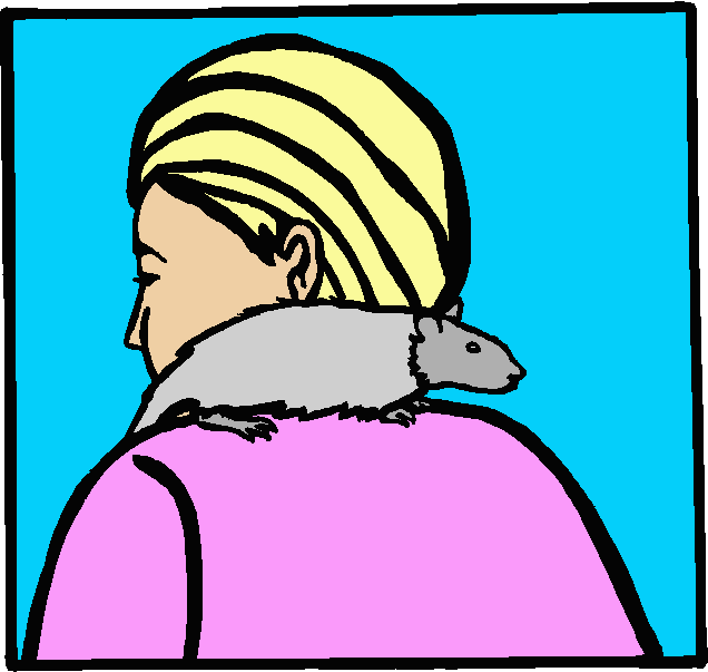 Coloured drawing of grey rat sitting on human shoulder/back