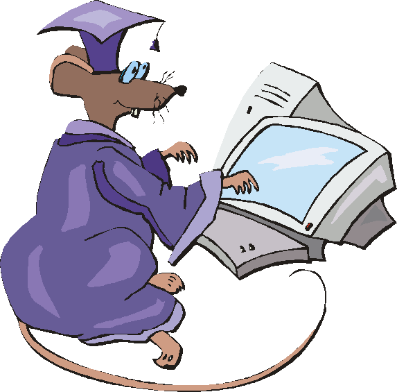 Coloured cartoon of rat wearing academic gown and glasses and sitting typing at a PC keyboard