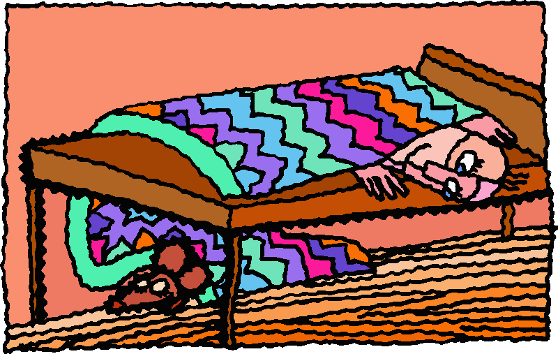 Jazzy coloured cartoon of man in bed leaning over the side to look at brown rat underneath it