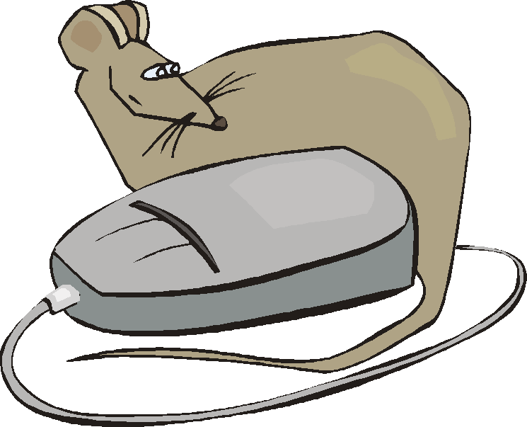 Coloured cartoon of beige rat sitting next to computer mouse