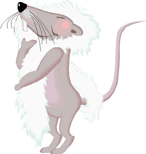Coloured cartoon of grey rat, standing on hing legs, wrapped in white fur or feather stole