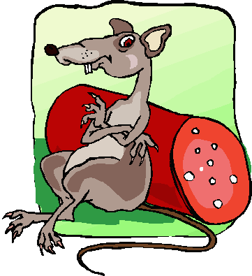 Coloured cartoon of ship rat sitting with arms folded and back leaning against a salami