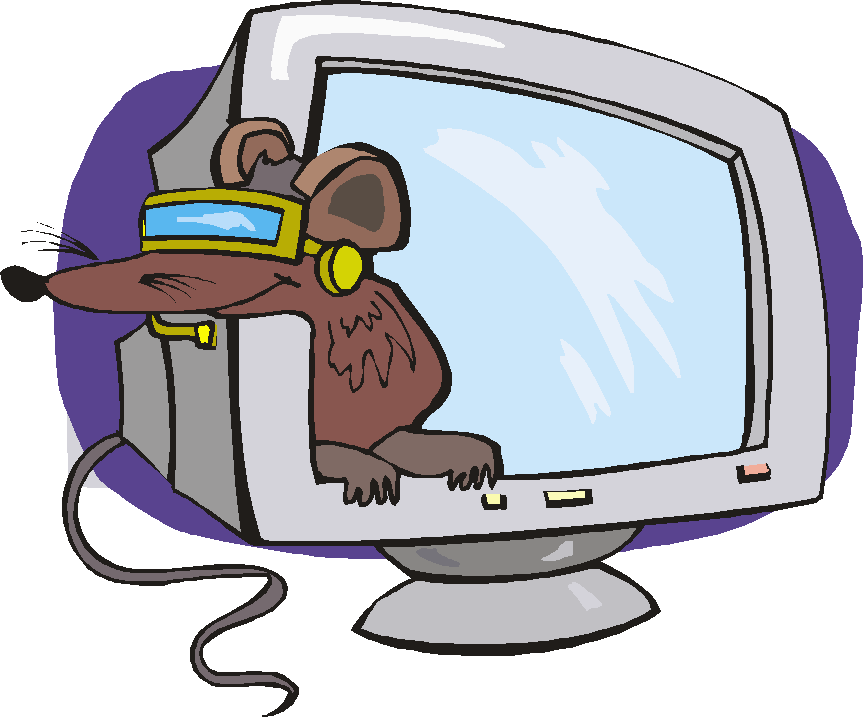 Coloured cartoon of cool-looking brown rat, wearing visor, emerging from a monitor screen: his tail is trailing out of the back of the monitor