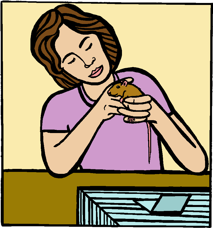Coloured drawing of woman handling small brown rat, next to cage