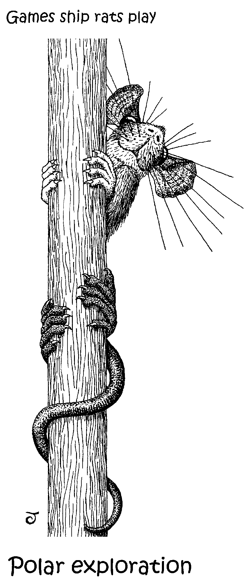 Caricature of ship rat climbing a broomstick-handle and peering round it