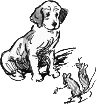Greyscale drawing of two mice, both standing on hind-legs and one holding a tiny hat, waving to a spaniel-type puppy as if taking a bow after a performance