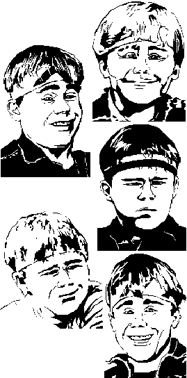 Montage of five head-and-shoulder drawings of Wee Burney showing different rubber-faced expressions