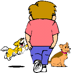 Cartoon rear-view of Eric Cullen, with long-haired Chihuahuas