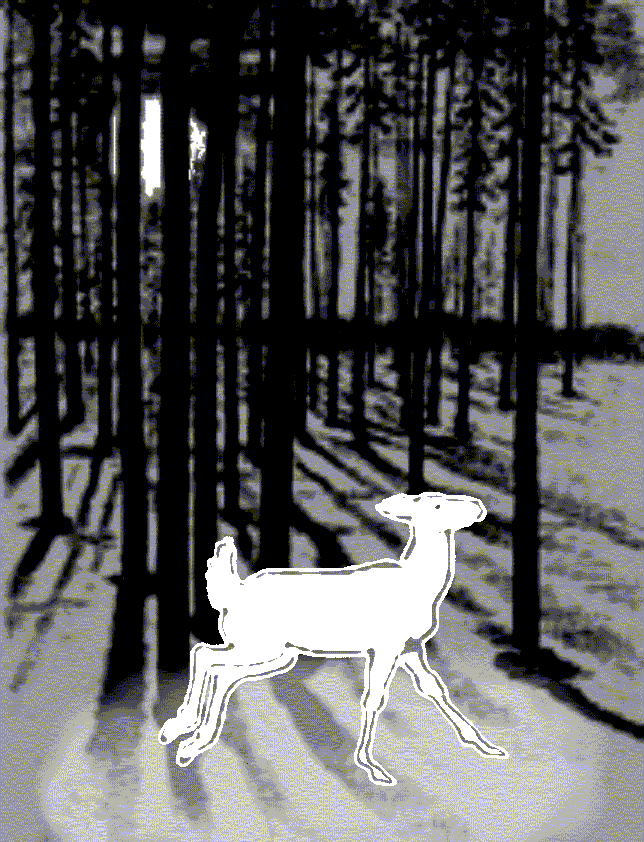black and white drawing of a ghostly white doe cantering through a snowy wood at night