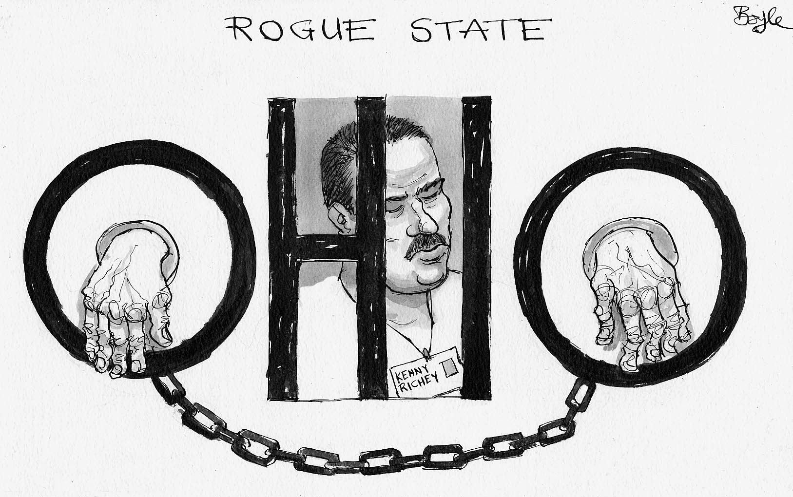 Rogue State: sketch showing the word "OHIO" as prison bars with Kenny manacled behind them