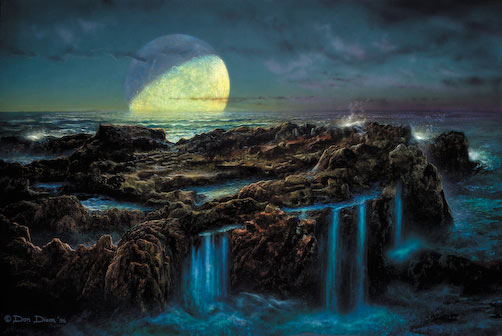 painting showing a giant moon hanging over an island of bare, jagged rock: the flat top of the island is well above the current sea-level but water has pooled on top if it and is running over the sides
