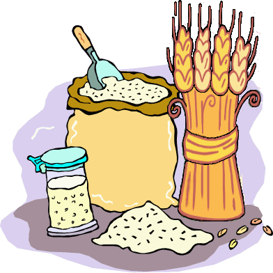 stylised drawing of a bag of flour, a heap of flour, a flour-shifter and a wheat-sheaf