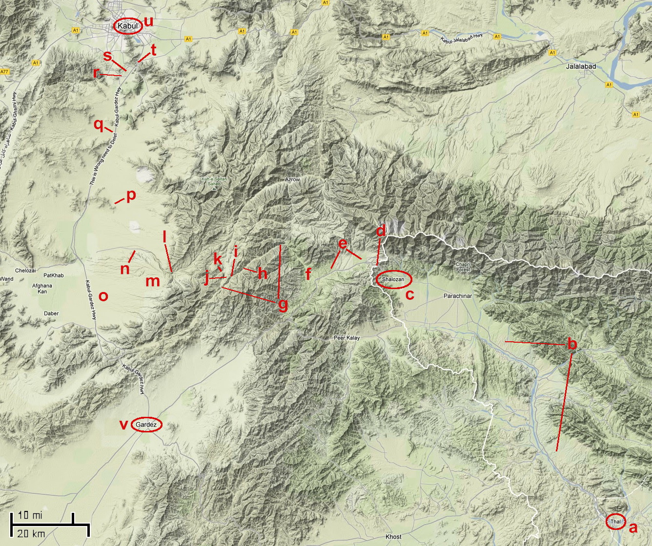map showing the terrain between Thal and Kabul, overlaid with letters giving the locations of places of significance in Major-General Roberts\'s advance