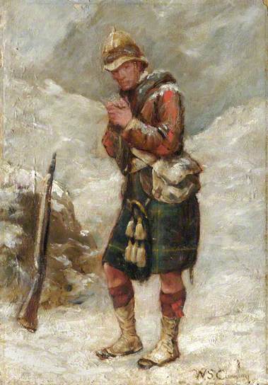 watercolour of a weary-looking kilted soldier against a snowy background