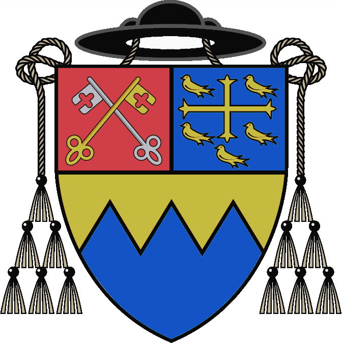 blue and gold heraldic shield surmounted by a cardinal\'s hat, charged with crossed keys and five martlets around a cross