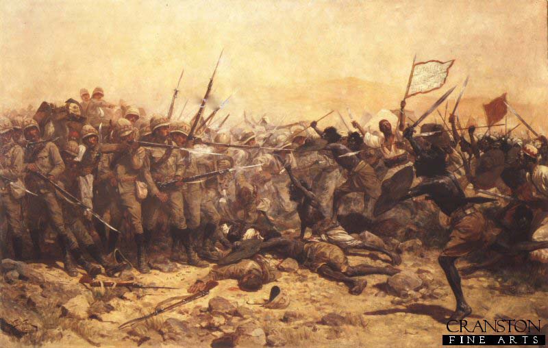 painting of Victorian British infantry holding a line against a charge by African soldiers