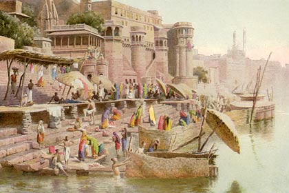 painting of a vast building of pinkish stone, something in between a temple and a castle and punctuated by ornate towers, standing at the top of a wide flight of steps down to water, with rush-sided boats and people in bright clothes