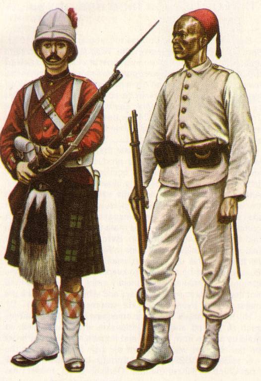 coloured drawing of two men in uniform, both holding rifles: on the left, a white solider wearing a dark kilt, a red jacket and a white pith-helmet; on the right, a black soldier wearing loose, bloused trousers and jacket in a thin cream cloth, and a red fez with a tassel