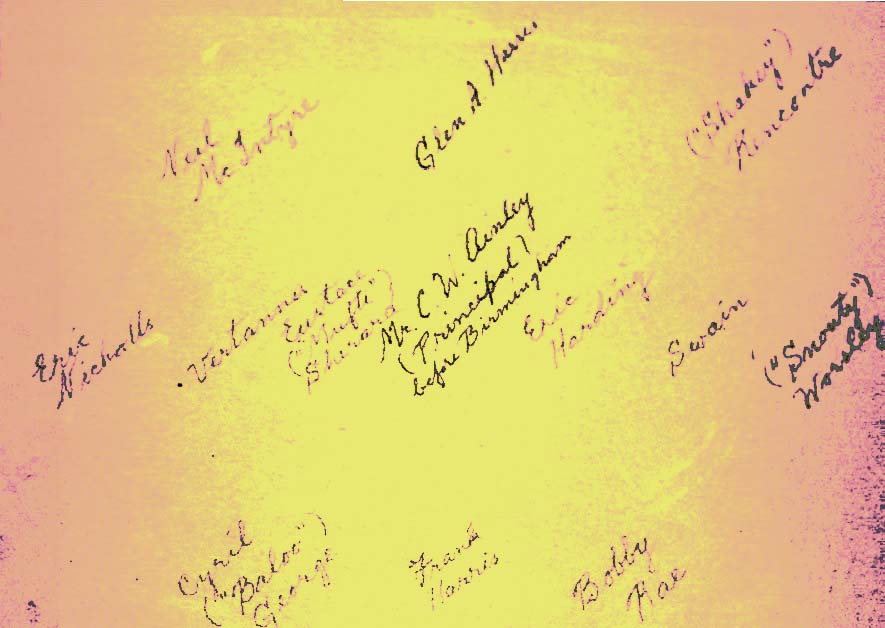 sepia photo\' showing thirteen signatures on a sheet of yellowing paper, positioned to match the football team above