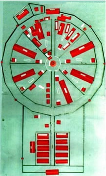 hand-drawn and tinted aerial plan of prison in the form of a circle divided into eight segments, plus an oblong enclosure branching off it, all open to the air but dotted with buildings