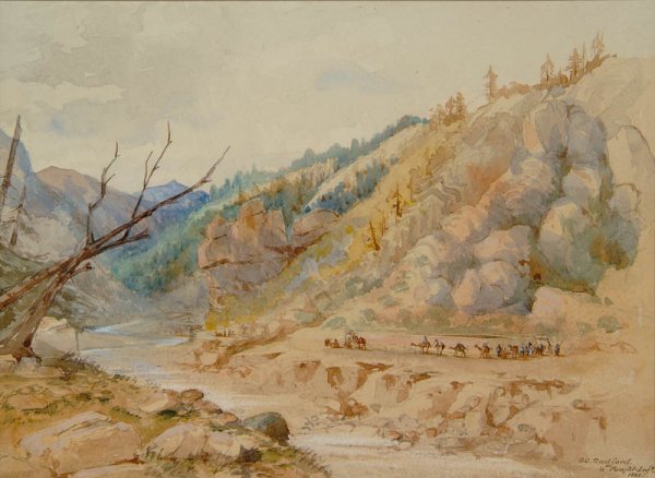 smudgy watercolour of a wooded ravine with a string of camels walking along the farther shore