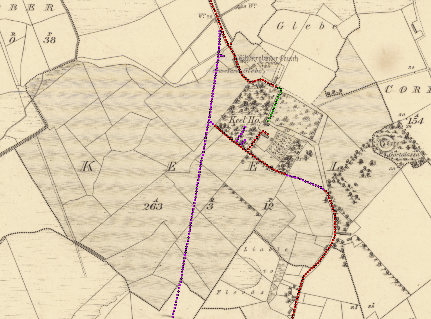 black and white map of area around Keel House