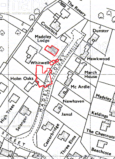 line-drawing plan of the present housing estate at Madeley Court, with the position of the old house and stables superimposed