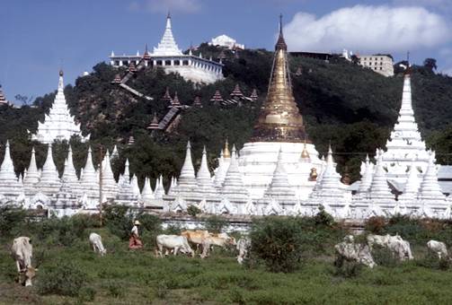 an open area with a hill rising behind it, both scattered with large and small white spires like giant salt crystals, one capped with silver, with cattle grazing in the foreground
