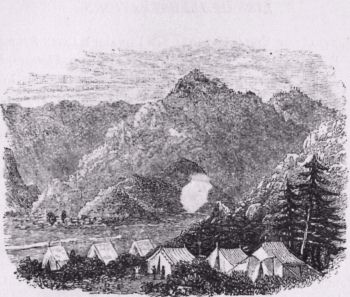 greyscale drawing of a group of white army tents with high mountains rising behind them