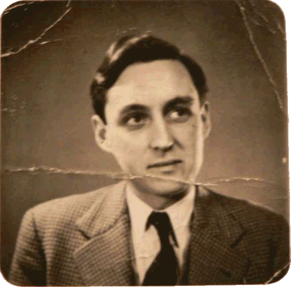 studio or passport photograph of a dreamy-looking young man with Brylcreamed wavy brown hair, wearing a tweed jacket, white shirt and dark tie, full-face but glancing up and to his left