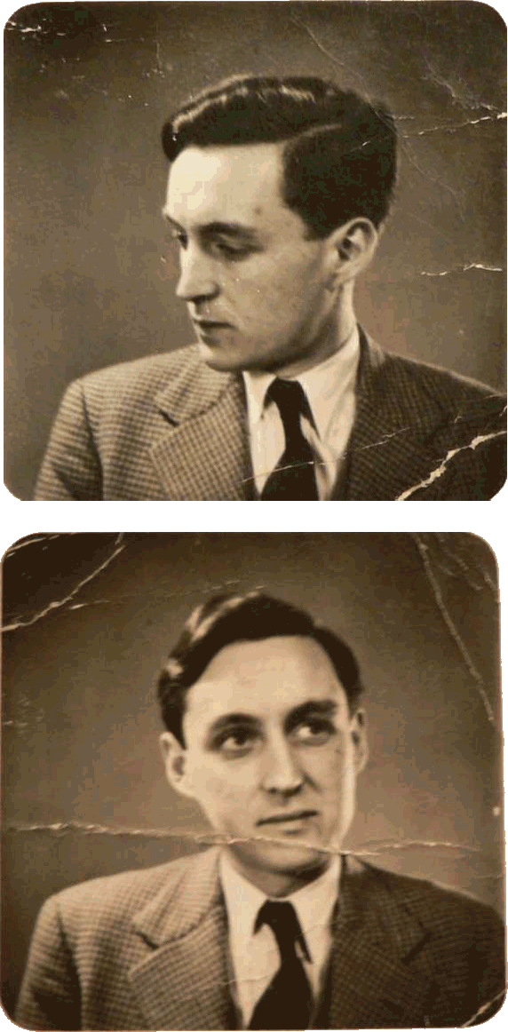 two studio or passport photographs of a dreamy-looking young man with Brylcreamed wavy brown hair, wearing a tweed jacket, white shirt and dark tie: in the upper photo\' he is looking down and to the right with his face turned away; in the lower one he is full-face but glancing up and to his left