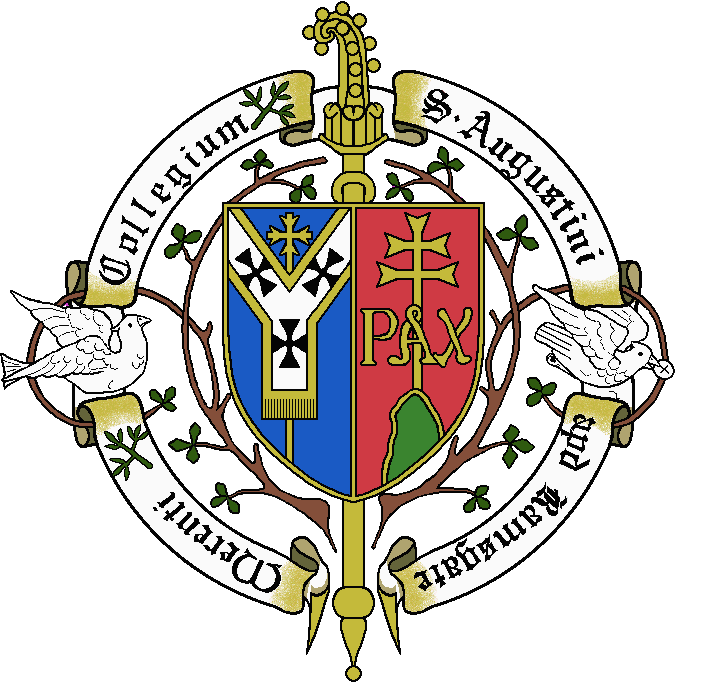 blue and red heraldic shield charged with a stole and a cross on three hills, and flanked by doves: written around the edge is the legend \'Collegium S. Augustini apd Ramsgate Merenti\'